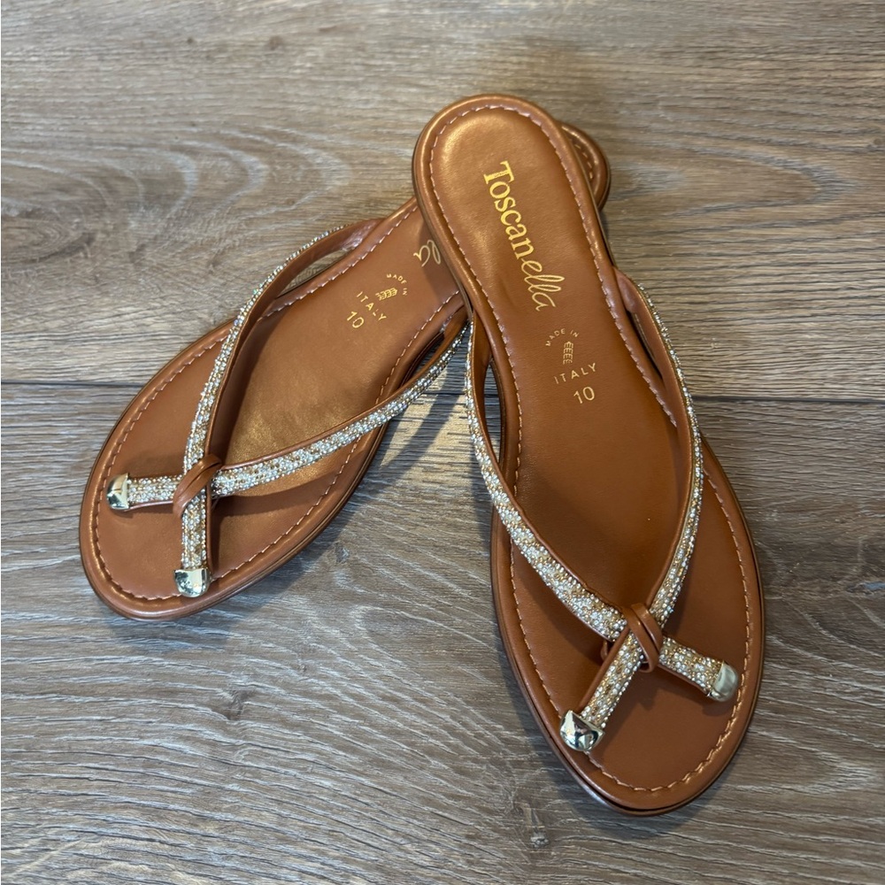 Toscanella Brown and Gold Rhinestone Flip Flops Sandals New Size 10